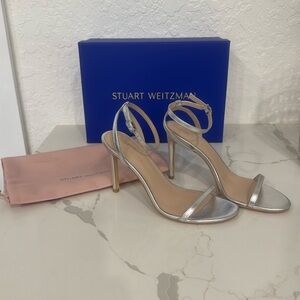 NIB Authentic Stuart Weitzman Dance 95 Sandal Silver Leather Sandal